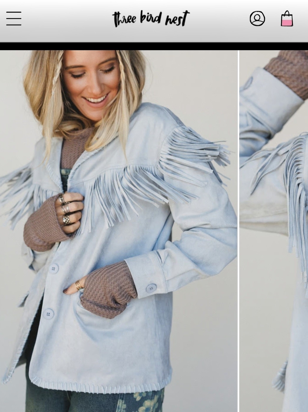 Three Bird Nest Pale Blue Suede Fringe Jacket